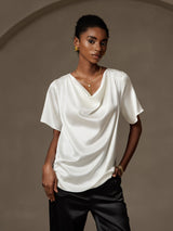 [White] SilkSilky-UK Short Sleeve Cowl Neck Women's Blouse 003