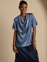 [Real Teal] SilkSilky-UK Short Sleeve Cowl Neck Women's Blouse 001