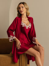[Wine] SilkSilky-UK 3/4 Sleeve V Neck Nightdress&Dressing gowns 007