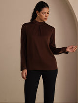[Tan] SilkSilky-UK Long Sleeve Stand Collar Women's Blouse 001