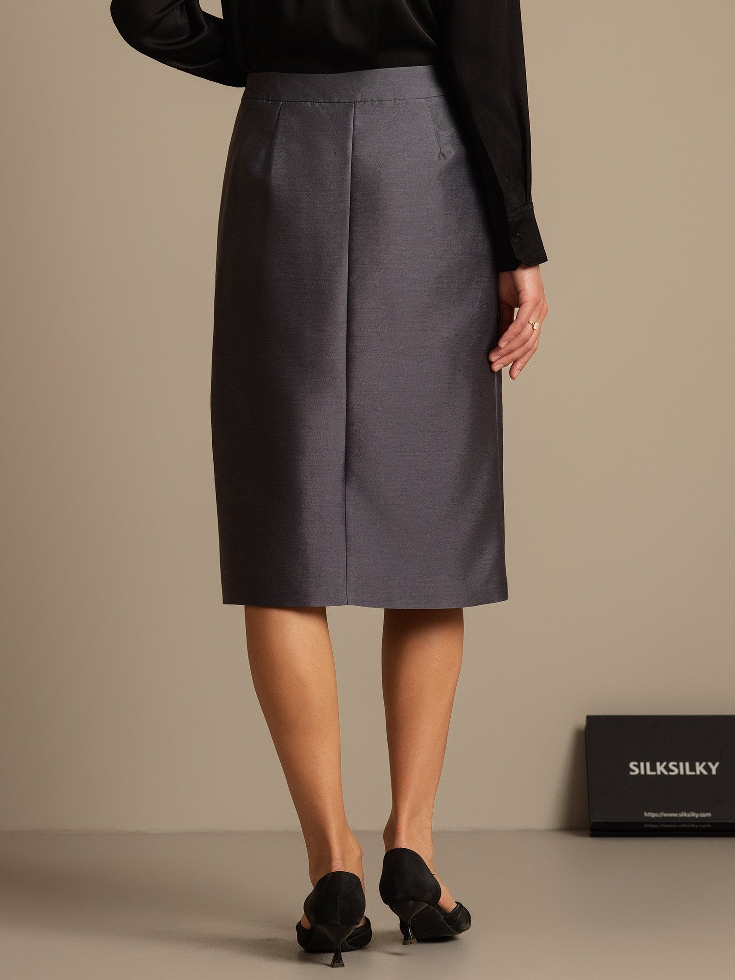 [Gray] SilkSilky-UK 32Momme Silk-Wool Blend Split Skirt 002,