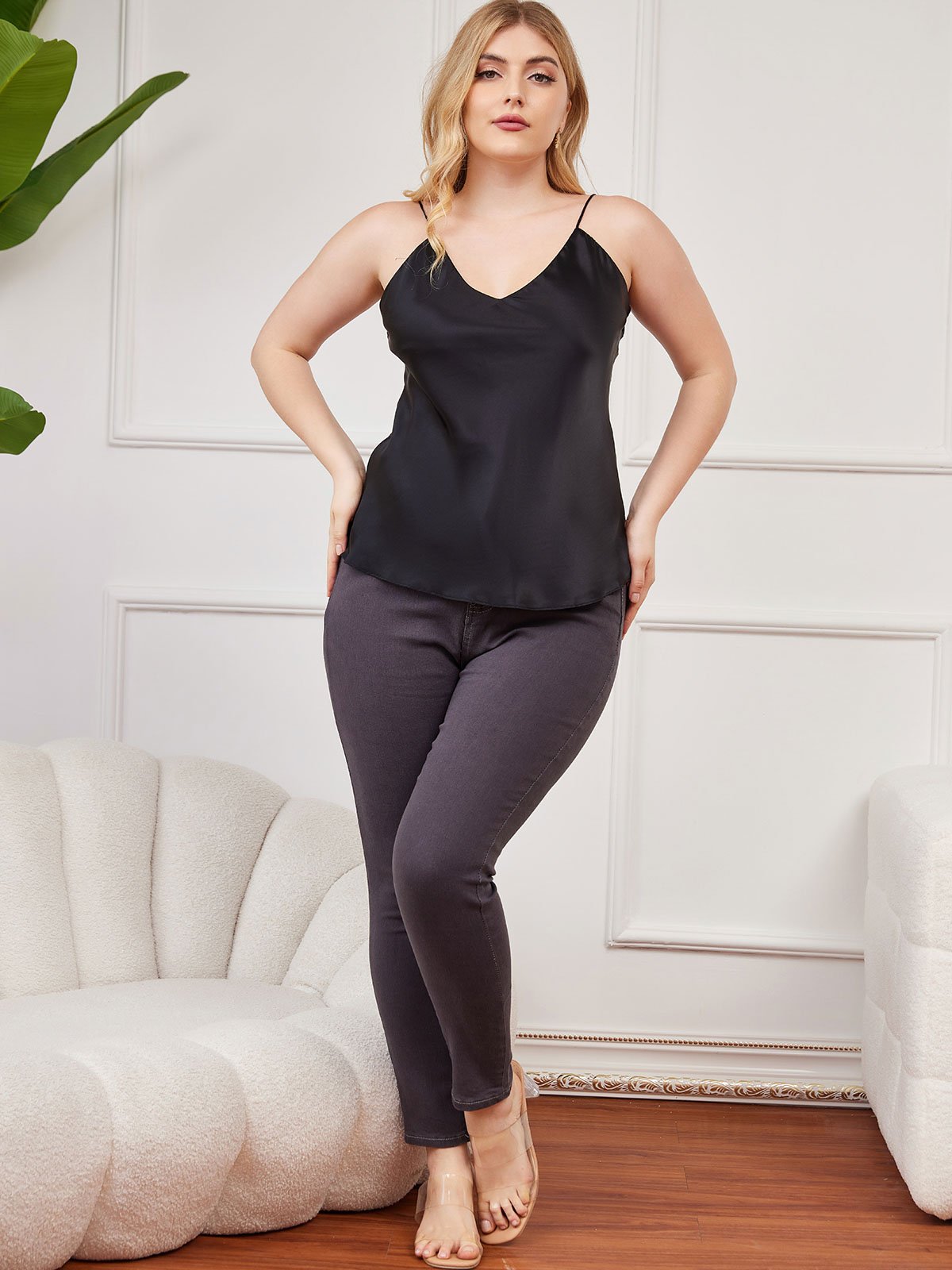 SilkSilky UK Pure Silk V Neck Plus Size Camisole Top Black 004