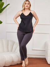 [Black] SilkSilky-UK Spaghetti Strap V Neck Plus Size Camisole Top 004