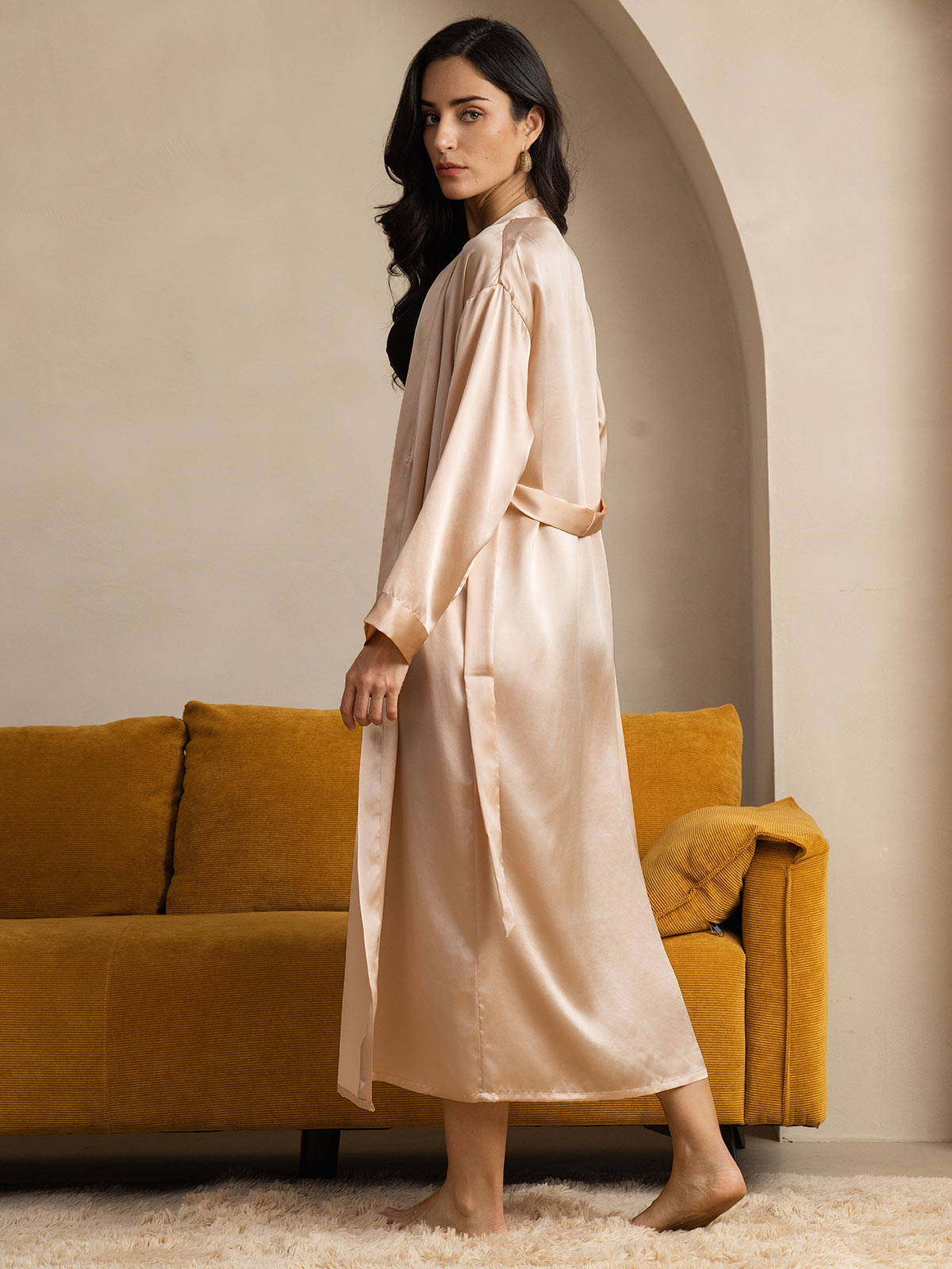 SilkSilky-UK Pure Silk Long Sleeve Womens Robe Champagne 002