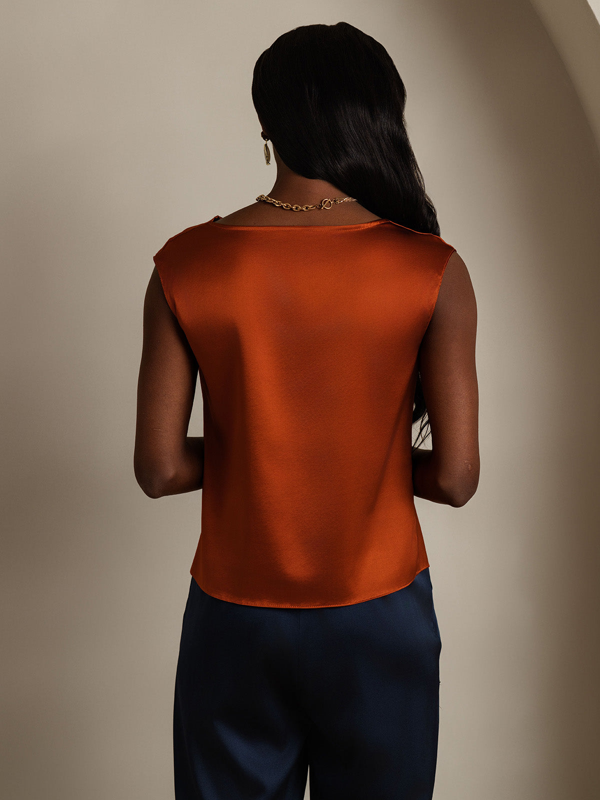 [Caramel] SilkSilky-UK 19Momme Silk Cap Sleeve Cowl Neck Women's T-Shirt 002