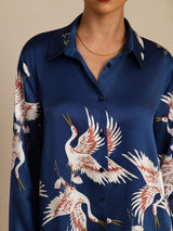 [Dark Blue] SilkSilky-UK Long Sleeve Lapel Collar Women's Shirt 006