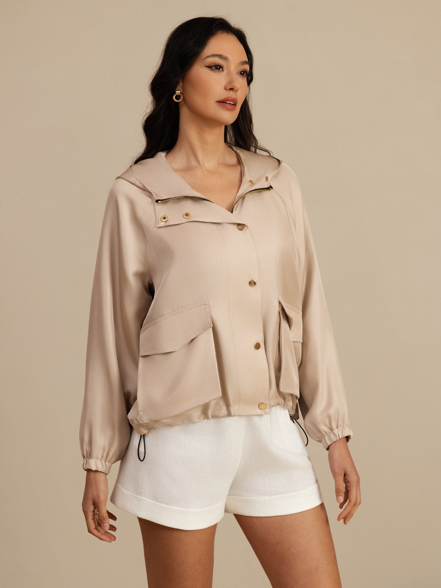 [Tan] SilkSilky-UK Silk Satin Surah Long Sleeve High Neck Women's Outerwear 004