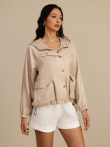 [Tan] SilkSilky-UK Silk Satin Surah Long Sleeve High Neck Women's Outerwear 004