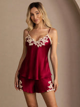 [Wine] SilkSilky-UK Spaghetti Strap V Neck Camisole Set 001