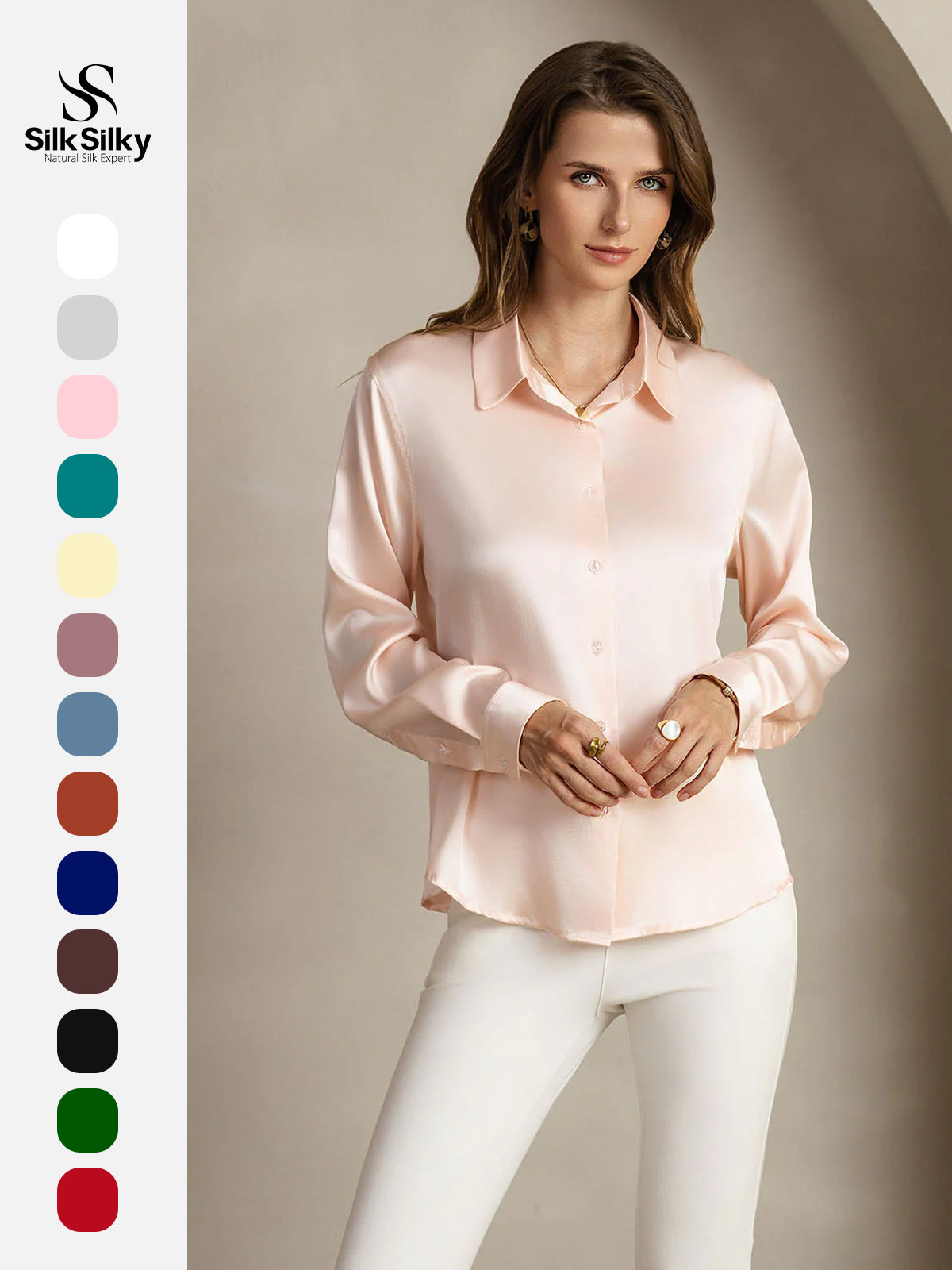 [Light Pink] SilkSilky-UK Silk Long Sleeve Collar Women's Shirt 001