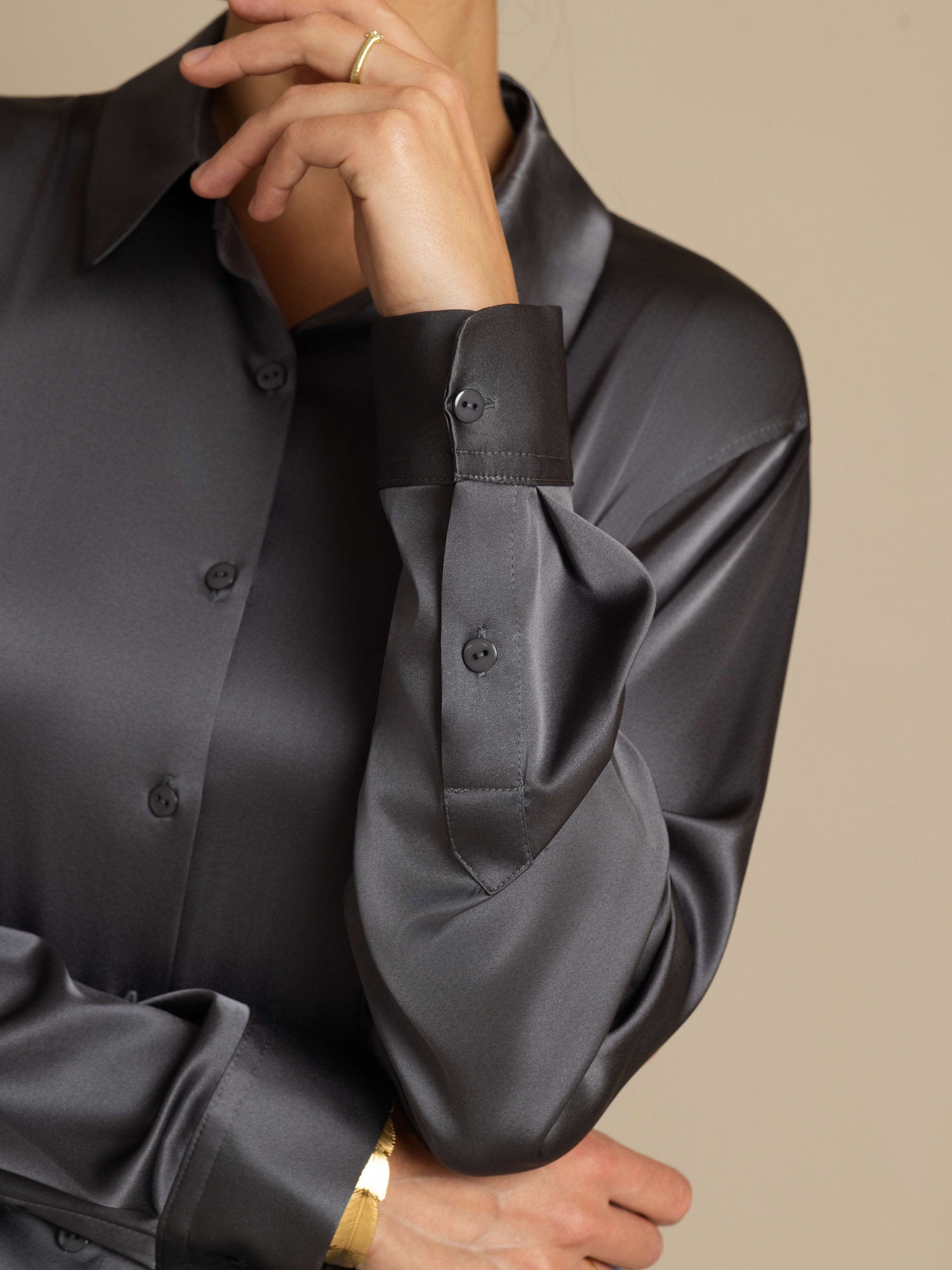 [Dark Gray] SilkSilky-UK 19Momme Stretch Silk Charmeuse Long Sleeve Lapel Collar Women's Shirt 005