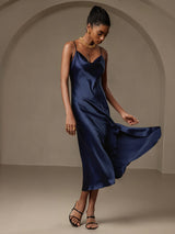 [Dark Blue] SilkSilky-UK Spaghetti Strap Cowl Neck Dress 004