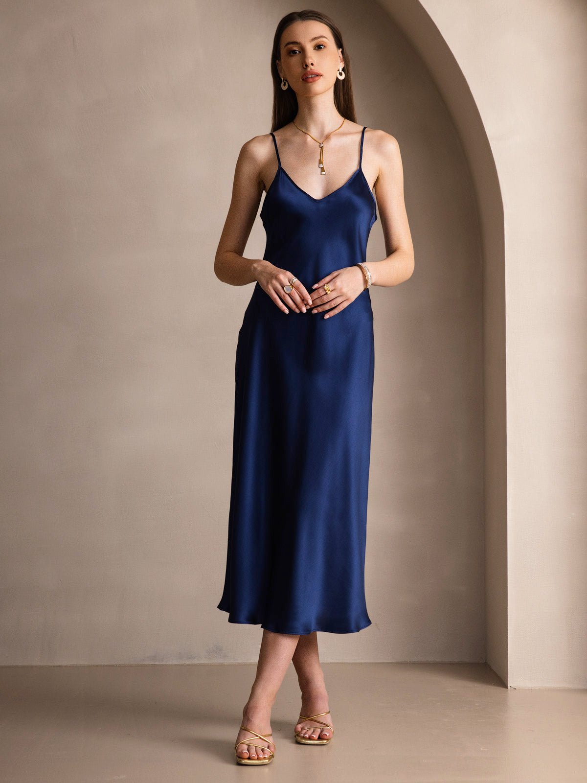 [Dark Blue] SilkSilky-UK Spaghetti Strap V Neck Dress 003