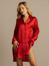 [Red] SilkSilky-UK Long Sleeve Lapel Collar Nightshirt 001