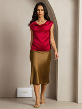 [Wine] SilkSilky-UK Cap Sleeve Cowl Neck Women's T-Shirt 003
