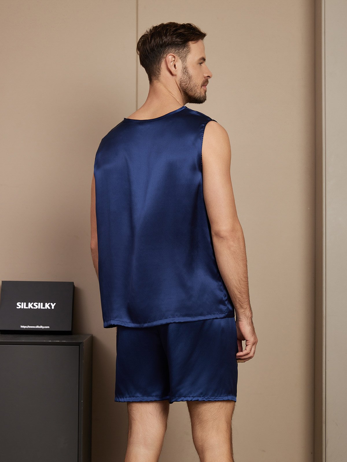 SilkSilky UK Pure Silk Sleeveless Round Neck Men's Pyjamas DarkBlue 002