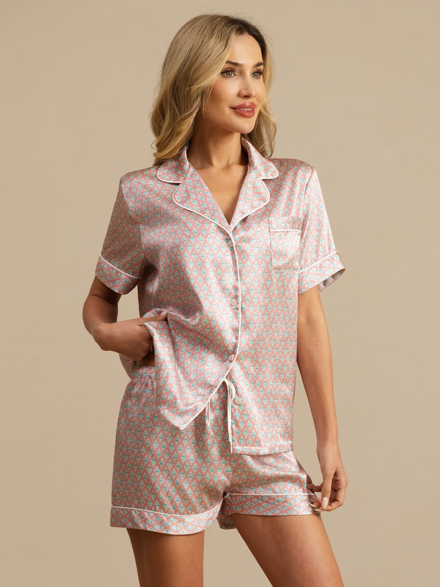 [Pink Heart Geo] SilkSilky-UK Short Sleeve Notch Collar Women's Pyjamas 001