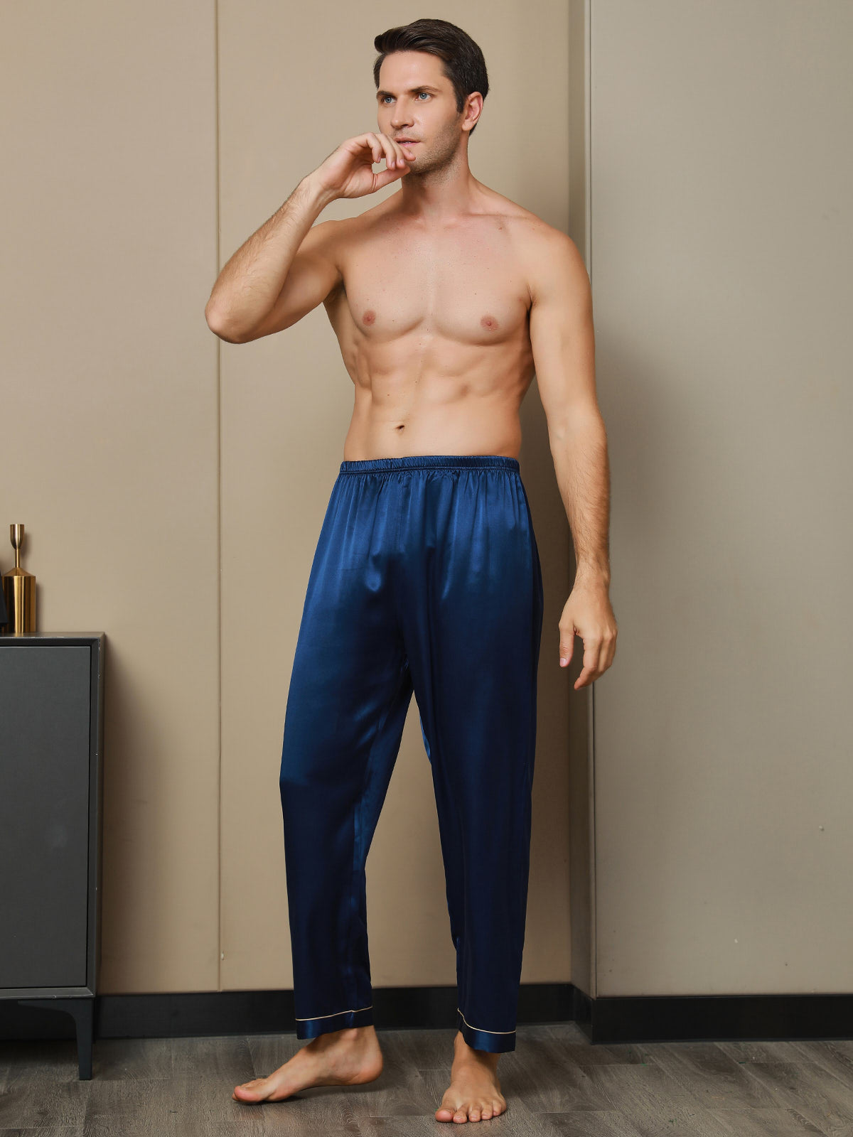 [Dark Blue] SilkSilky-UK Pure Silk Mens Sleep Bottoms 004