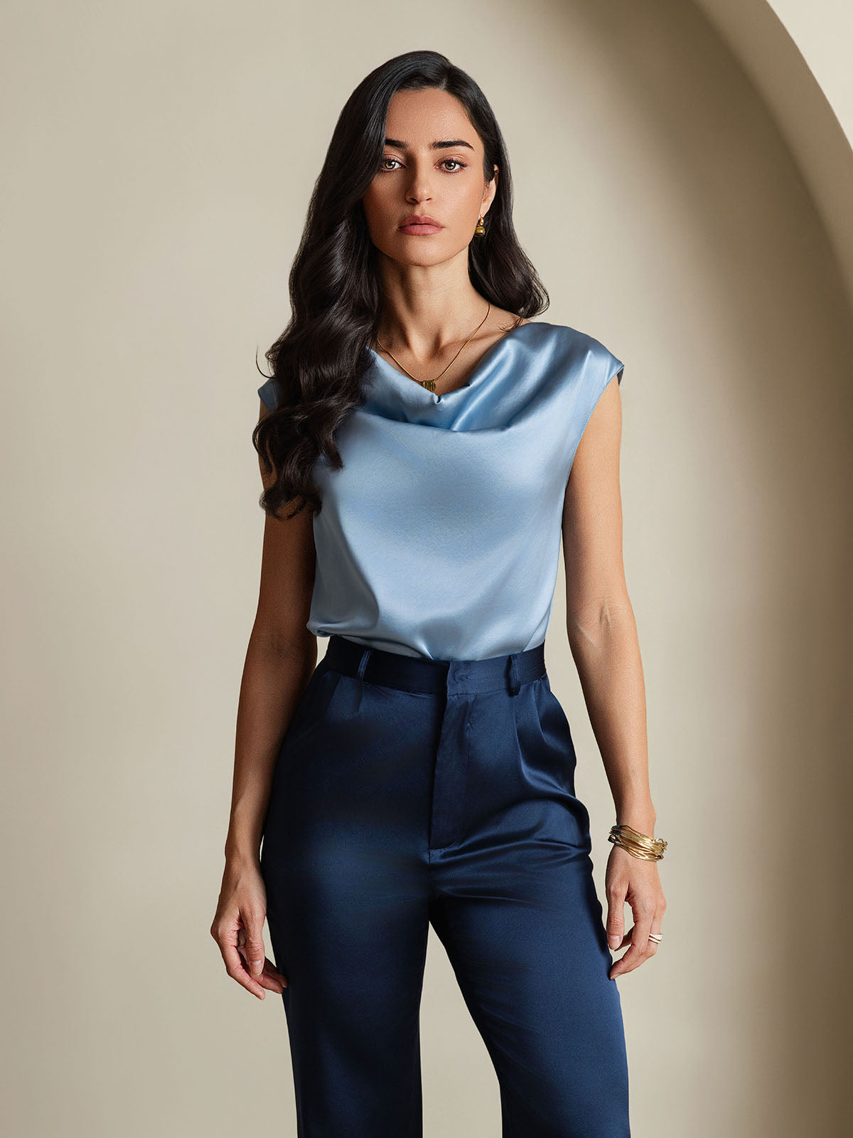 [Grayish Blue] SilkSilky-UK 19Momme Silk Cap Sleeve Cowl Neck Women's T-Shirt 003