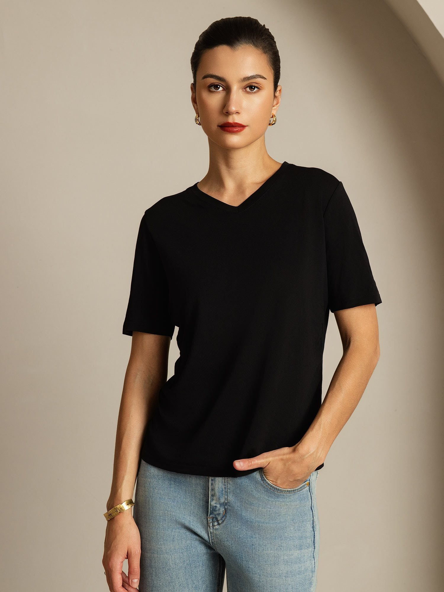[Black] SilkSilky-UK Pure Silk V Neck Women's T-Shirt 001