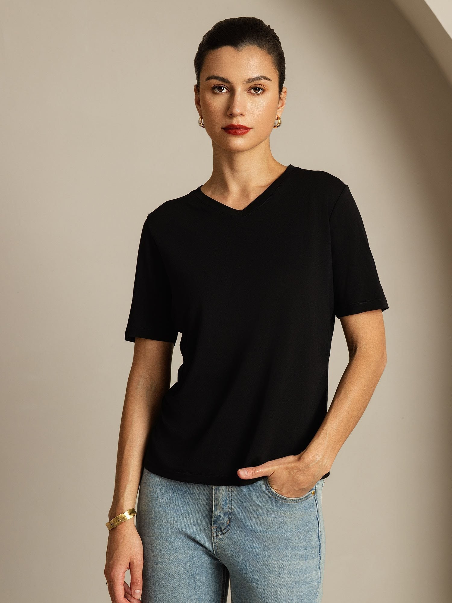 [Black] SilkSilky-UK 100% High-Twist Silk Jersey Short Sleeve V Neck Women's T-Shirt 001