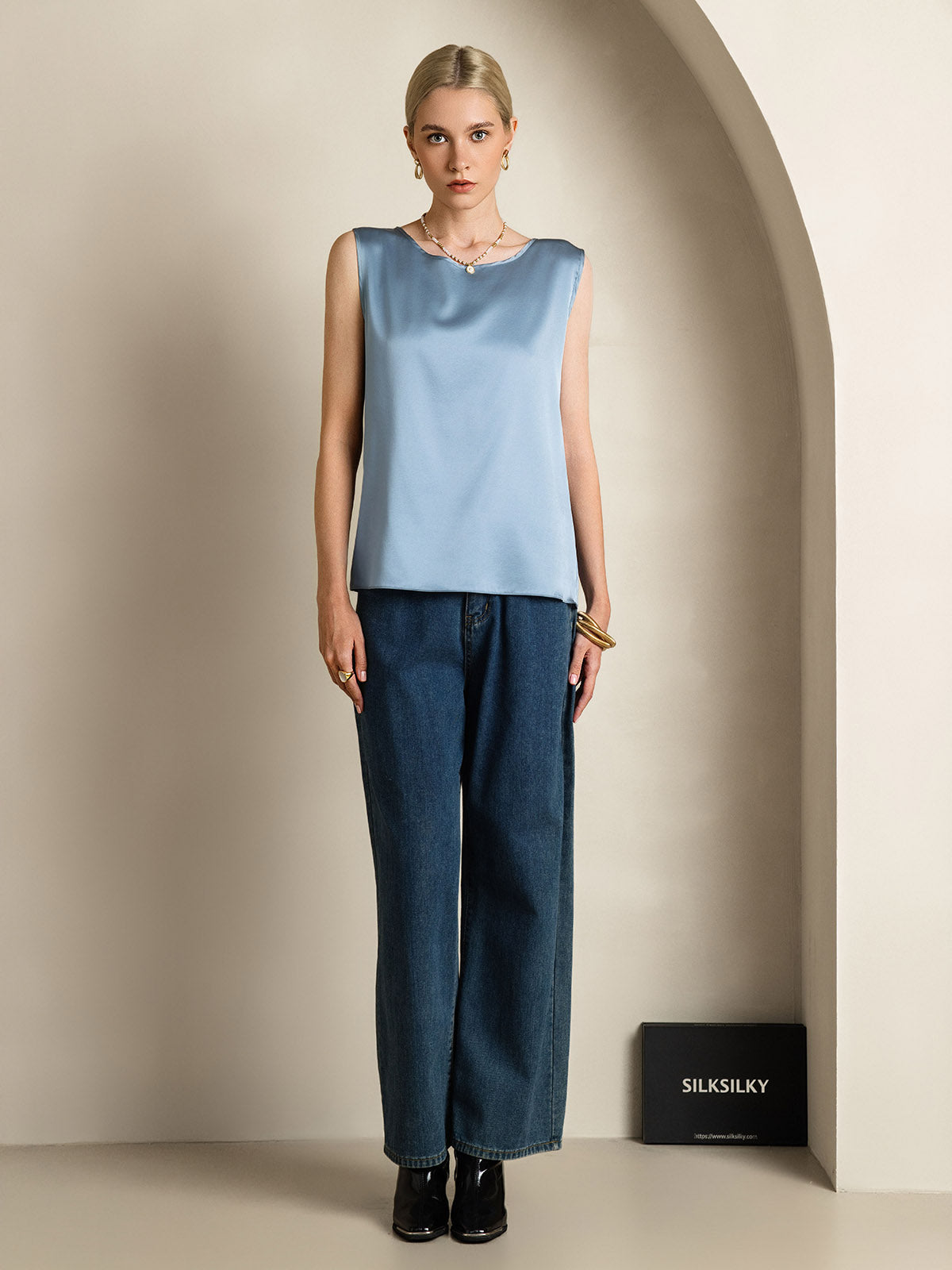 [Grayish Blue] SilkSilky-UK 19Momme Silk Round Neck Camisole 006