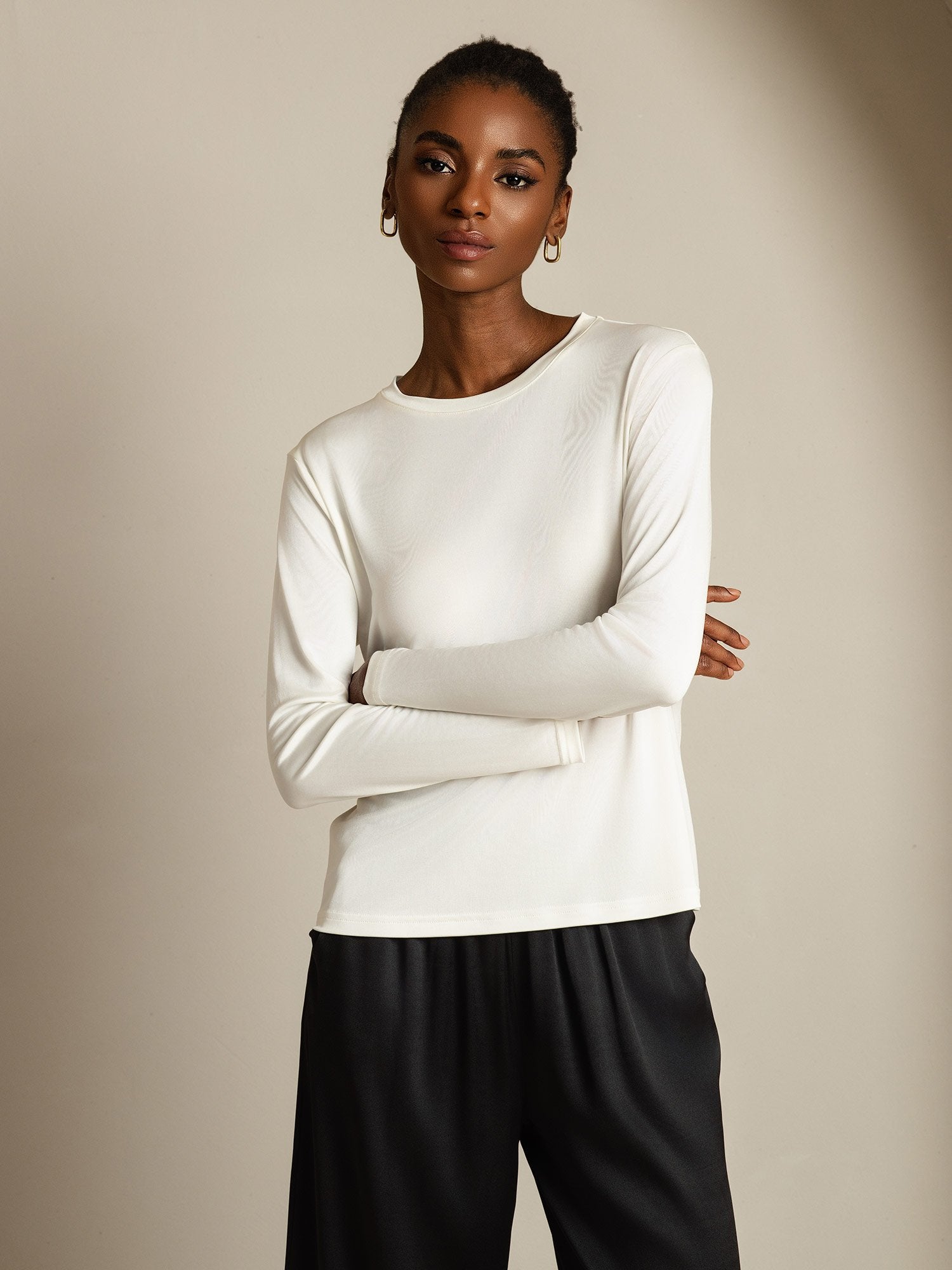 [White] SilkSilky-UK 100% Silk Jersey Long Sleeve Crew Neck Women's T-Shirt 001