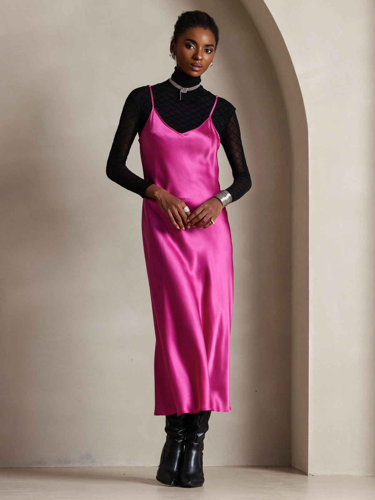 [Rose Red] SilkSilky-UK Spaghetti Strap V Neck Dress 001