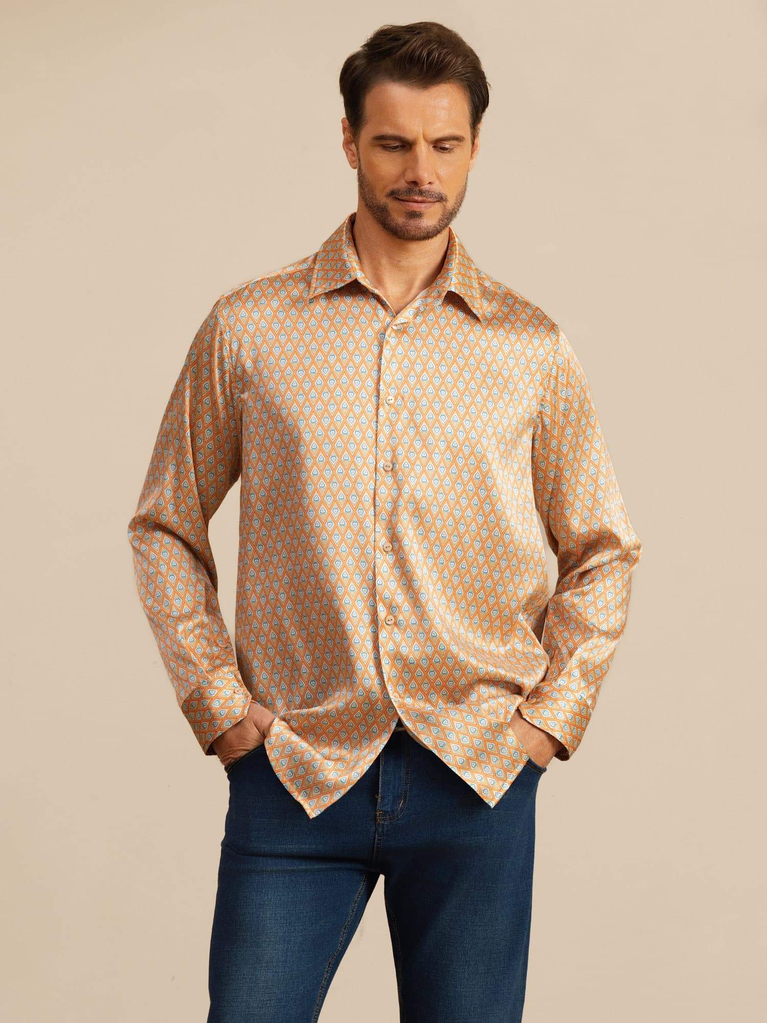 [Yellow Heart Geo] SilkSilky-UK 19Momme Stretch Silk Charmeuse Long Sleeve Lapel Collar Men's Shirt 001