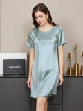 SilkSilky UK Pure Silk Short Sleeve Round Neck Nightdress LightBlue 004