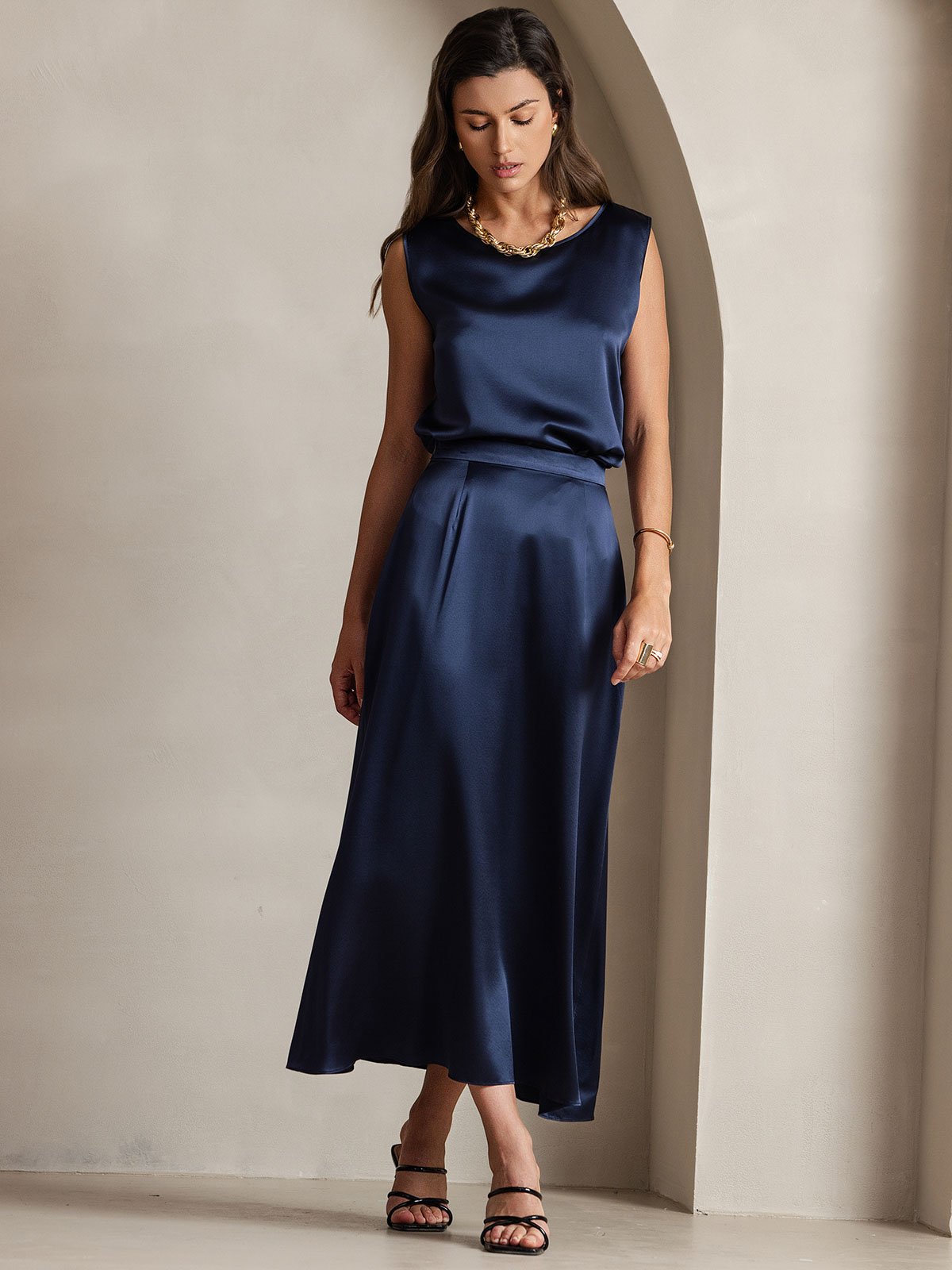[Dark Blue] SilkSilky-UK 19Momme Stretch Silk Charmeuse Skirt 007