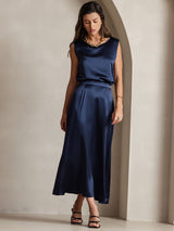 [Dark Blue] SilkSilky-UK 19Momme Stretch Silk Charmeuse Skirt 007