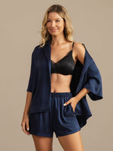 [Dark Blue] SilkSilky-UK 19Momme Machine-Washable Silk Half Sleeve Notch Collar Women's Pyjamas 005