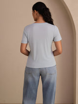 [Grayish Blue] SilkSilky-UK Short Sleeve V Neck Women's T-Shirt 002