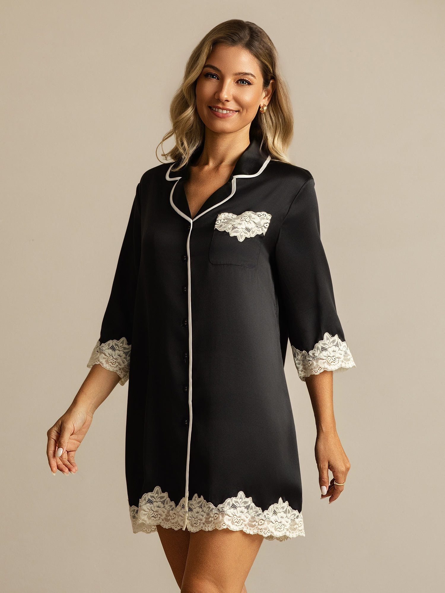 [Black] SilkSilky-UK Pure Silk Collar Nightshirt 007