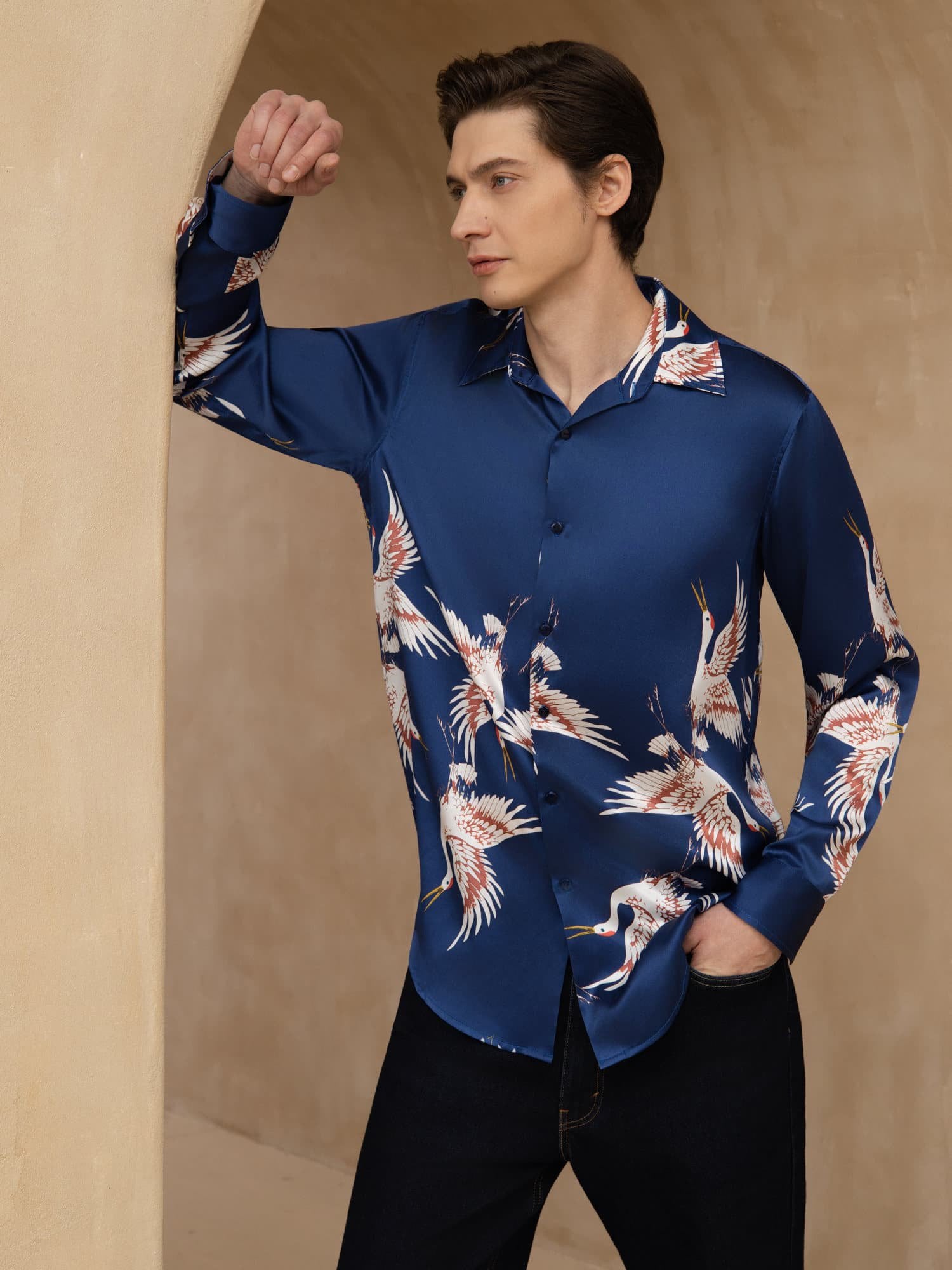 [Dark Blue] SilkSilky-UK 19Momme Long Sleeve Lapel Collar Men's Shirt 004