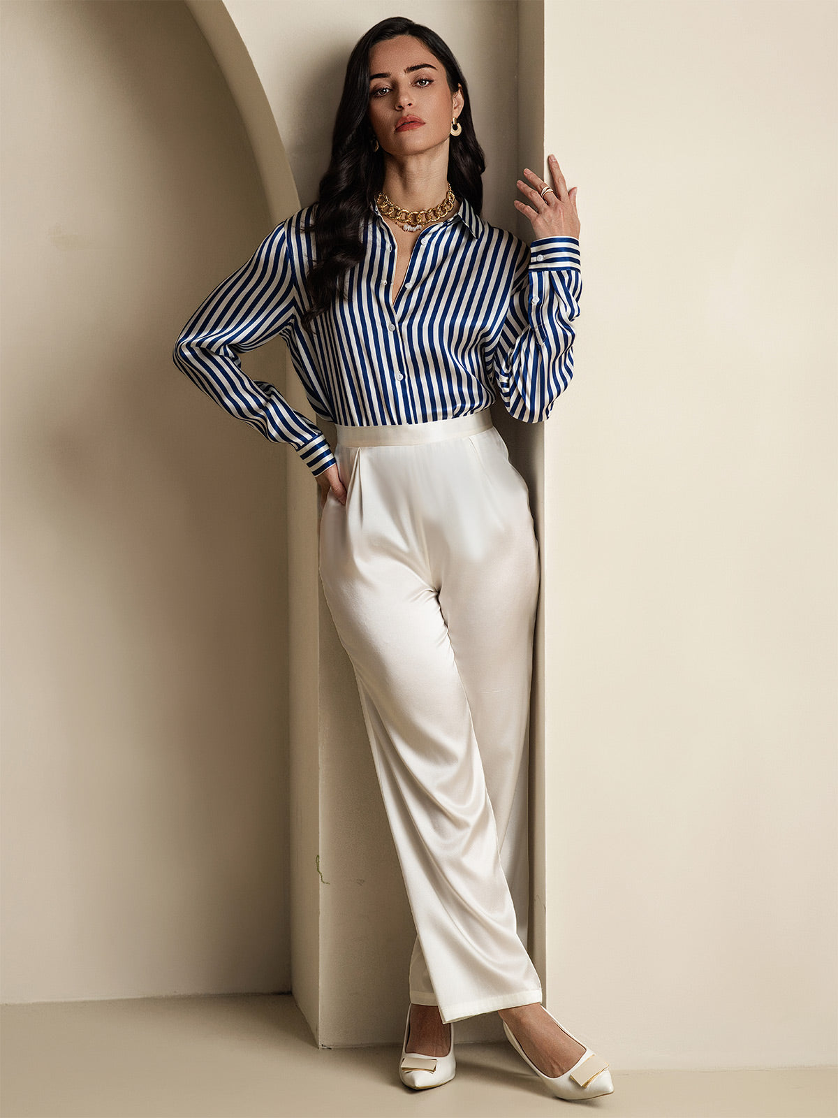 [Navy Stripe] SilkSilky-UK Silk Long Sleeve Collar Women's Shirt 012