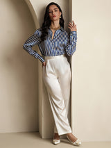 [Navy Stripe] SilkSilky-UK Long Sleeve Lapel Collar Women's Shirt 009