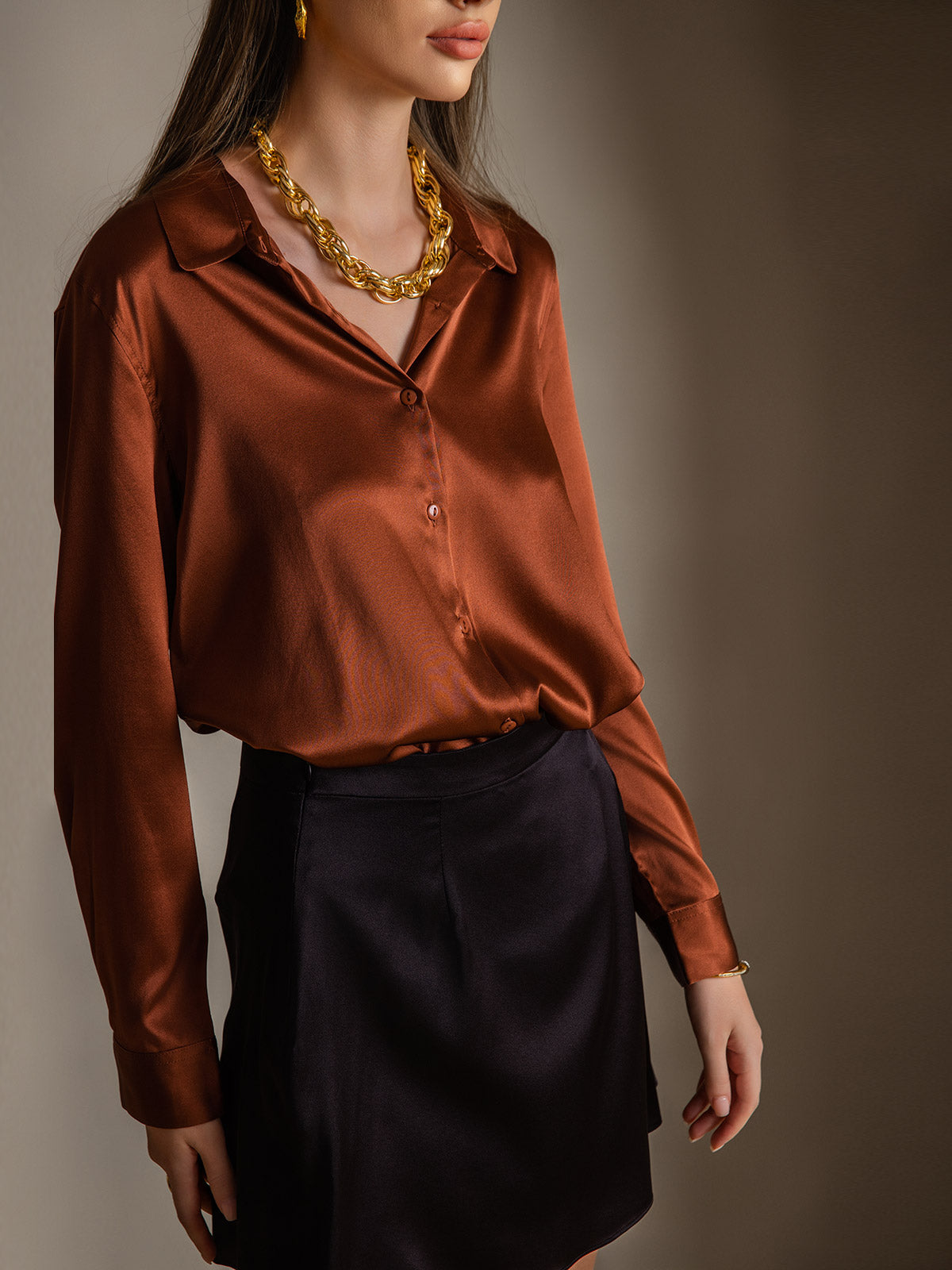 [Caramel] SilkSilky-UK 19Momme Stretch Silk Charmeuse Long Sleeve Lapel Collar Women's Shirt 001