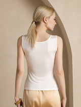 [White] SilkSilky-UK 100% Silk Jersey Sleeveless Round Neck Women's T-Shirt 002