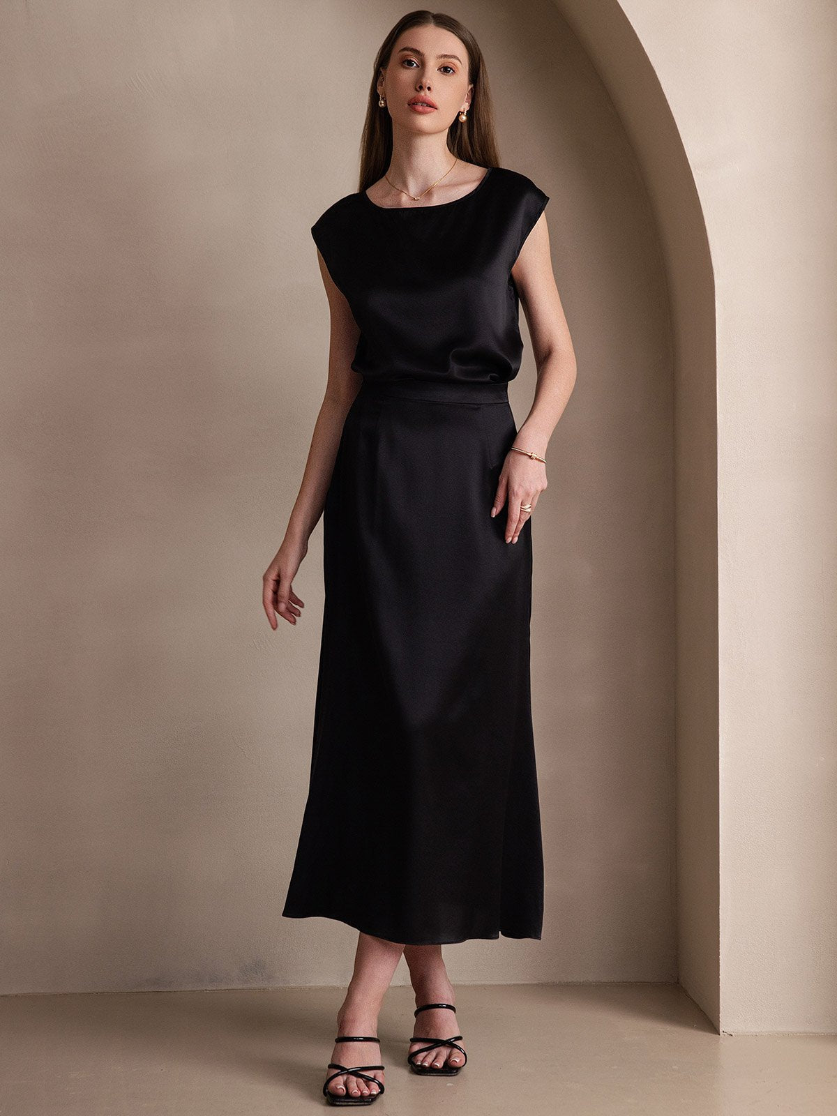 [Black] SilkSilky-UK 19Momme Stretch Silk Charmeuse Skirt 007