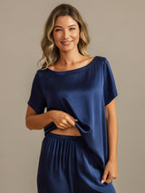[Dark Blue] SilkSilky-UK 19Momme Machine-Washable Silk Short Sleeve Women's Pyjamas 005