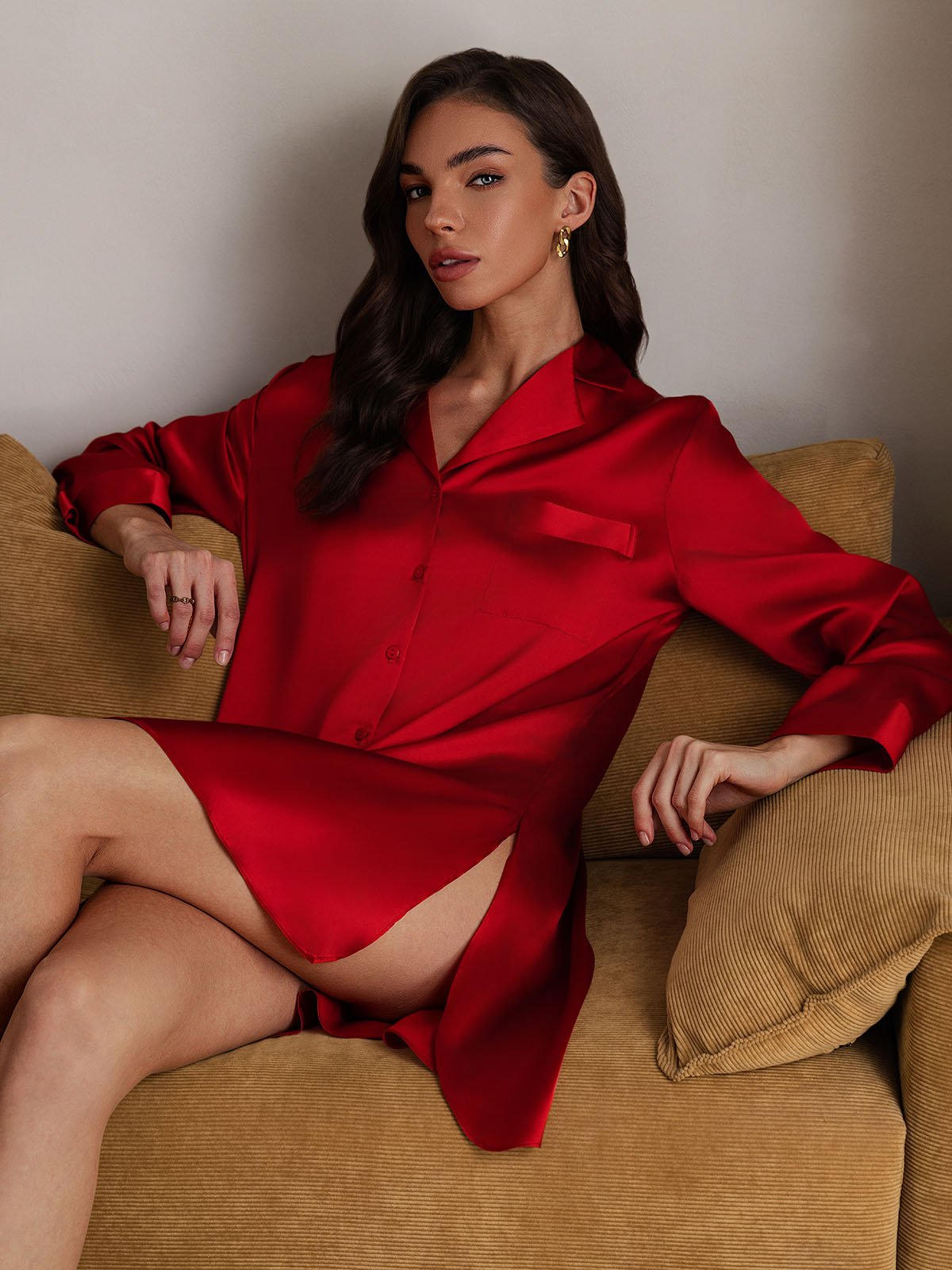 [Red] SilkSilky-UK Pure Silk Collar Nightdress 008