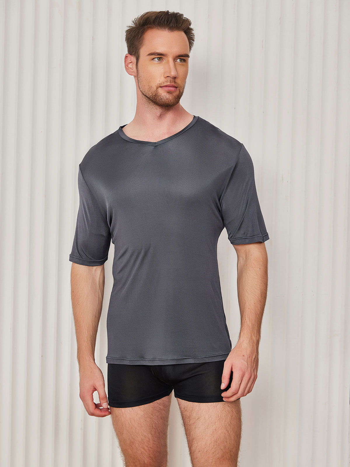 [Dark Gray] SilkSilky-UK Silk Knitted Short Sleeve V Neck Men's T-Shirt 003