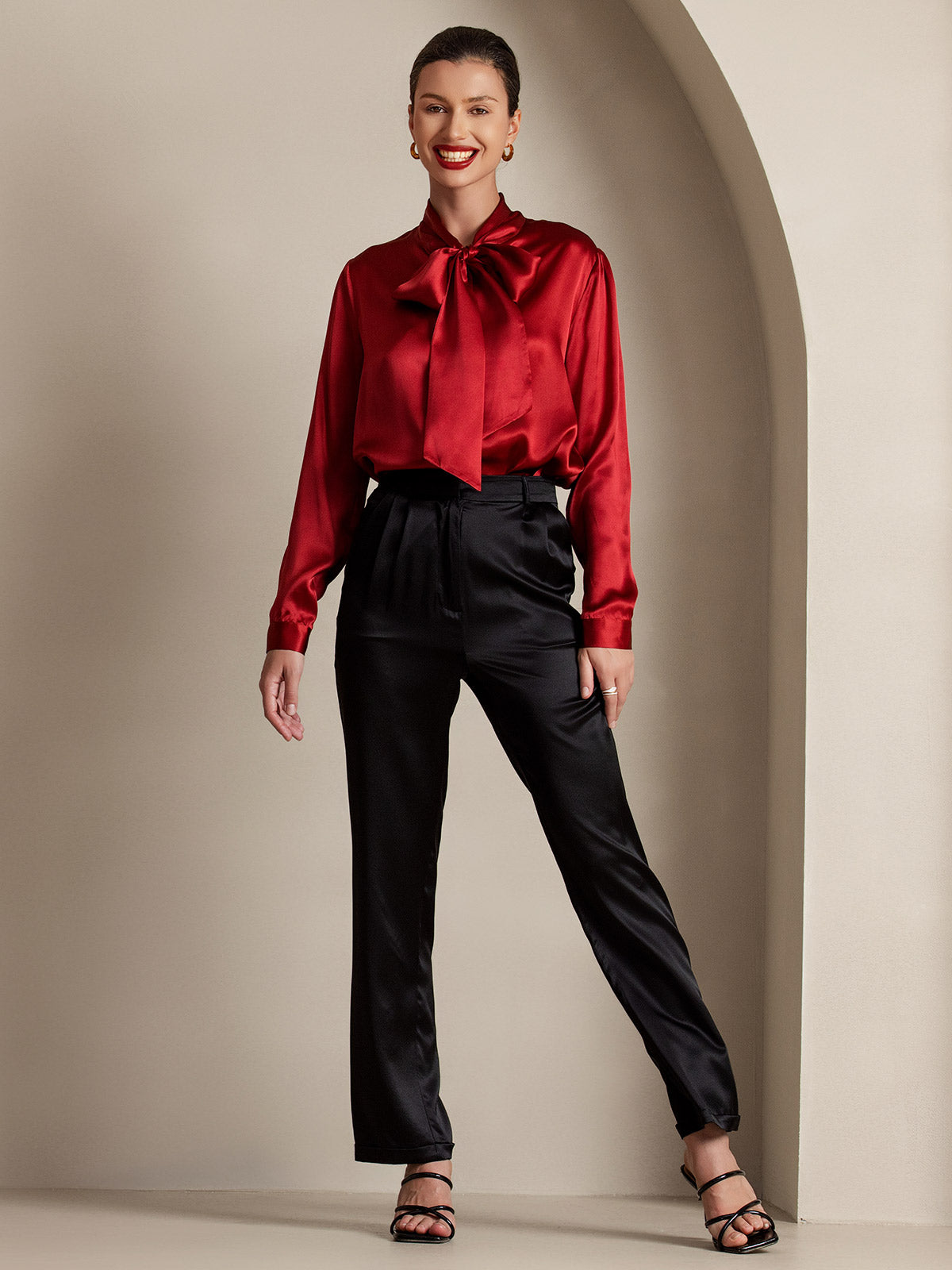 [Wine] SilkSilky-UK 19Momme Silk Long Sleeve Tie Neck Women's Shirt 008