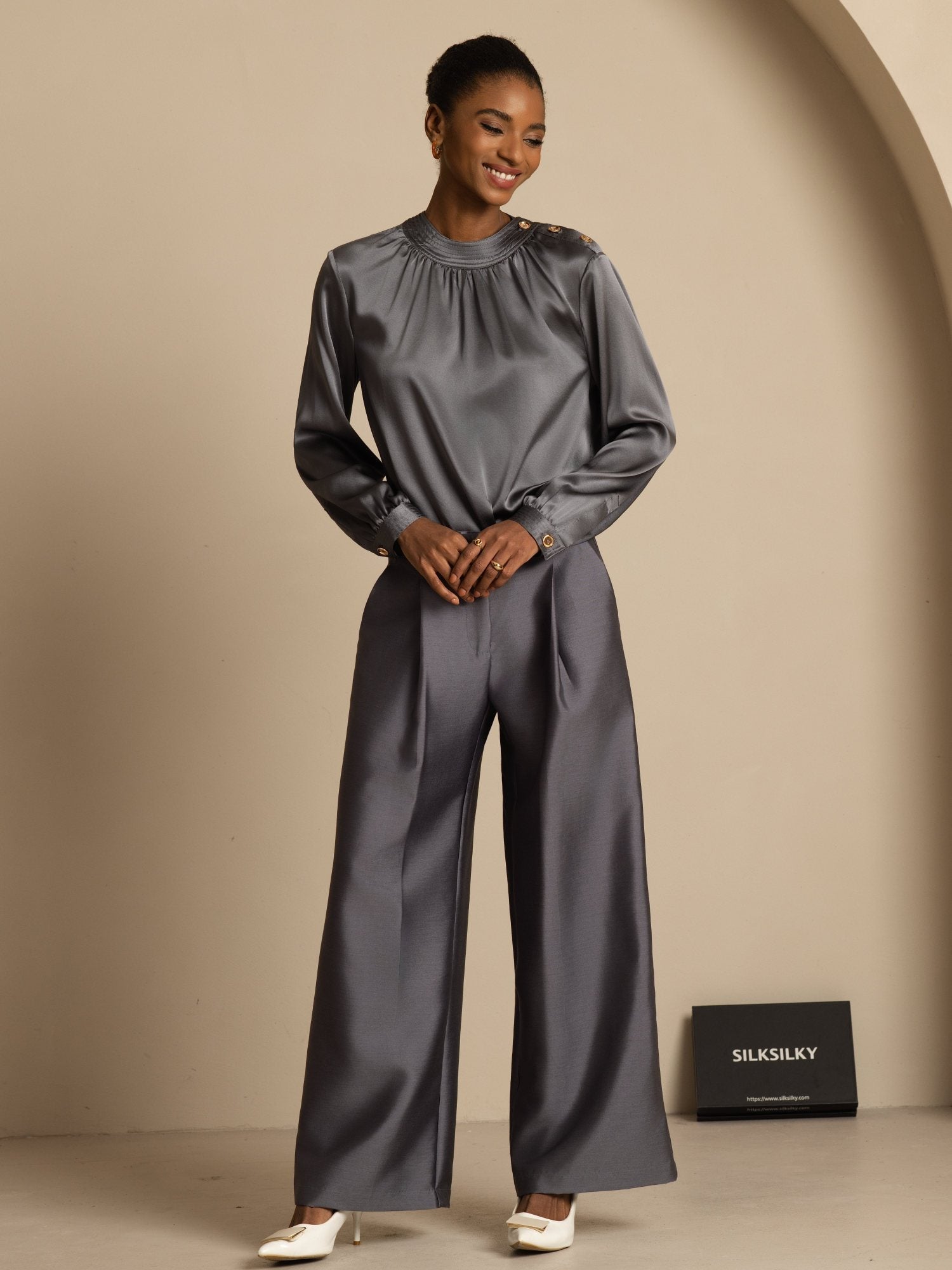 [DarkGray] SilkSilky-UK 19Momme Silk Long Sleeve Round Neck Blouse 008