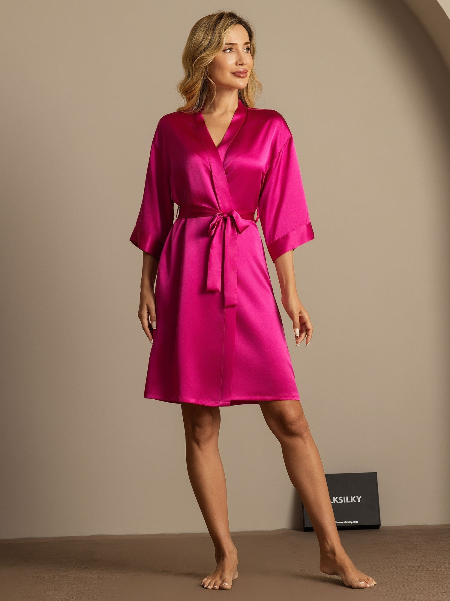 [Rose Red] SilkSilky-UK Pure Silk 3/4 Sleeve Wrap Women's Dressing Gown 006