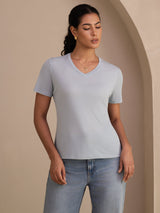 [Grayish Blue] SilkSilky-UK Short Sleeve V Neck Women's T-Shirt 001