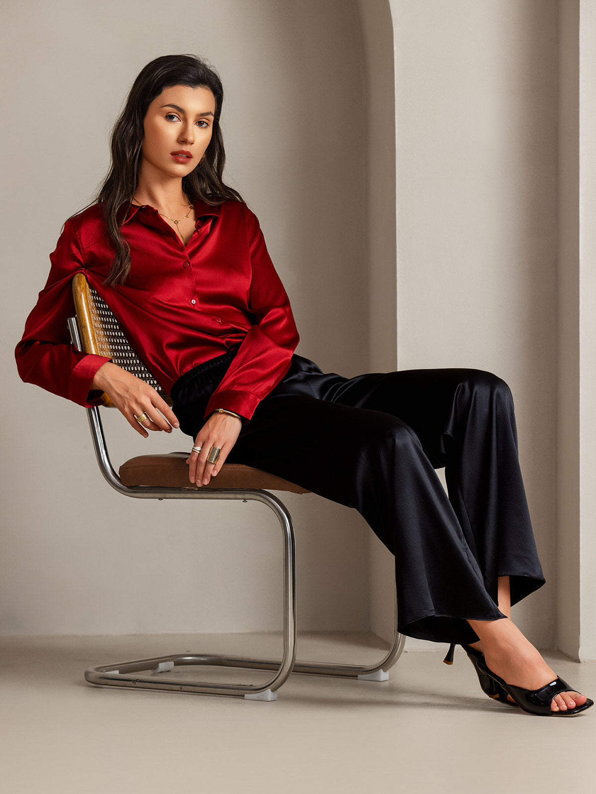 [Red] SilkSilky-UK Silk Long Sleeve Collar Women's Shirt 006