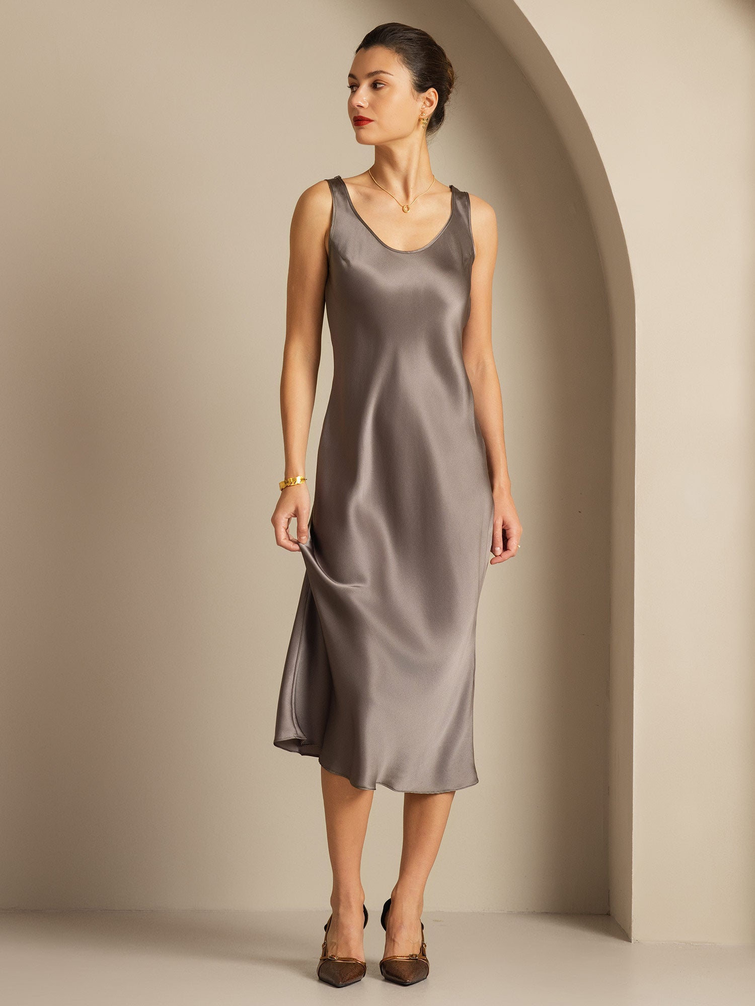 [Dark Khaki] SilkSilky-UK Pure Silk Boat Neck Dress 005,